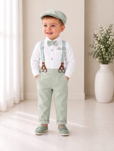 Completo cerimonia neonato verde menta con bretelle papillon e cappellino