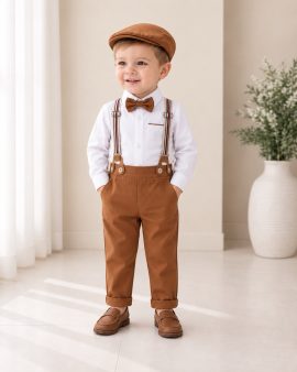 Completo battesimo bambino nocciola con bretelle papillon e cappellino