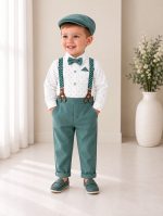 Completo battesimo bambino verde con bretelle papillon e cappellino