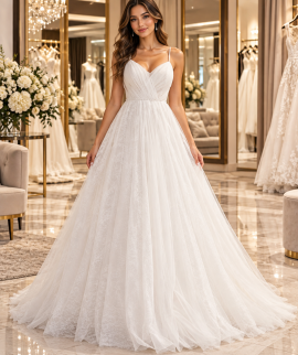 Abito da sposa con corpetto drappeggiato, scollatura a V, spalline sottili e gonna ampia in tulle, vista frontale.