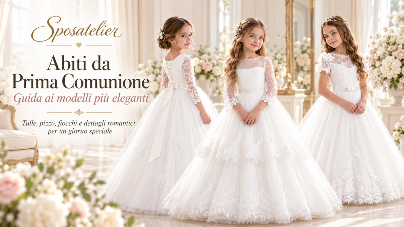 Tre bambine indossano abiti da Prima Comunione eleganti in tulle e pizzo, con gonne principesche, ricami floreali e fiocchi, nella copertina Sposatelier.