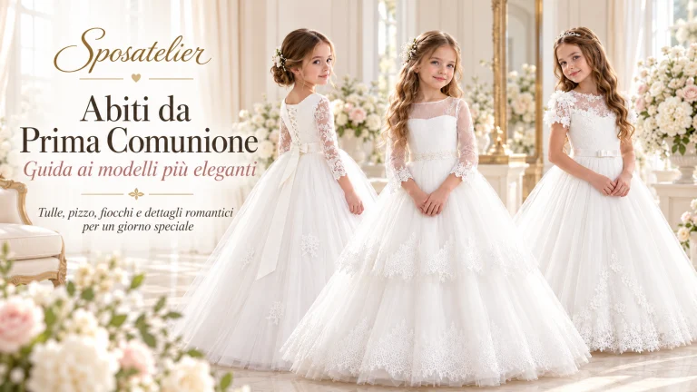 Tre bambine indossano abiti da Prima Comunione eleganti in tulle e pizzo, con gonne principesche, ricami floreali e fiocchi, nella copertina Sposatelier.