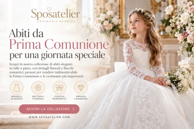 Bambina con elegante abito da Prima Comunione in tulle e pizzo floreale nella campagna Sposatelier dedicata agli abiti da cerimonia.