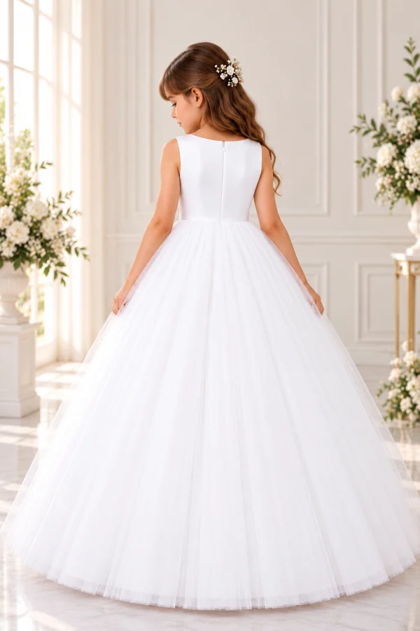 Vista posteriore dell'abito Prima Comunione bambina bianco, senza maniche, con cerniera centrale, schiena poco scollata e gonna ampia in tulle.
