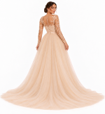 Vista posteriore dell'abito da sposa champagne con maniche lunghe in pizzo, schiena trasparente con bottoncini e gonna unita in tulle liscio con strascico.