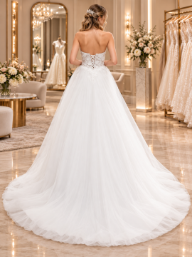 Vista posteriore di abito da sposa principessa con schiena scoperta, allacciatura a corsetto e gonna in tulle.
