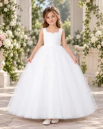 Abito da cerimonia bambina bianco lungo con corpetto elegante e gonna ampia in tulle stile principessa