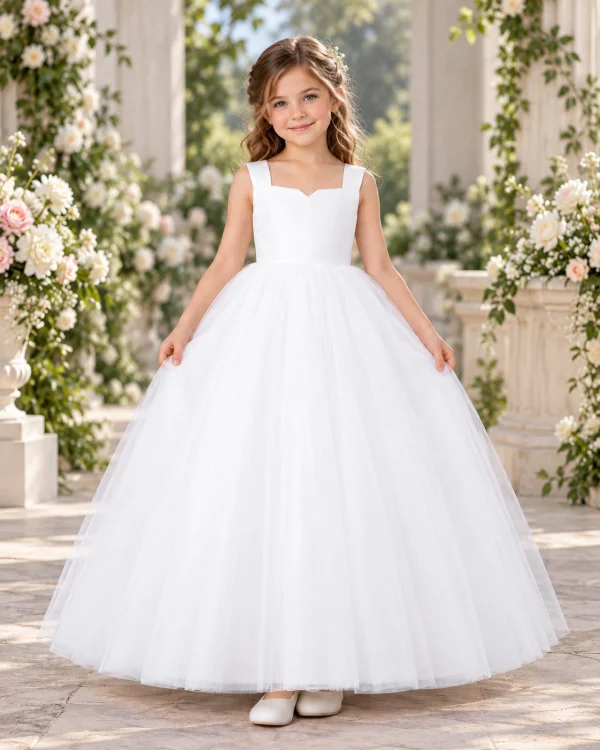 Abito da cerimonia bambina bianco lungo con corpetto elegante e gonna ampia in tulle stile principessa