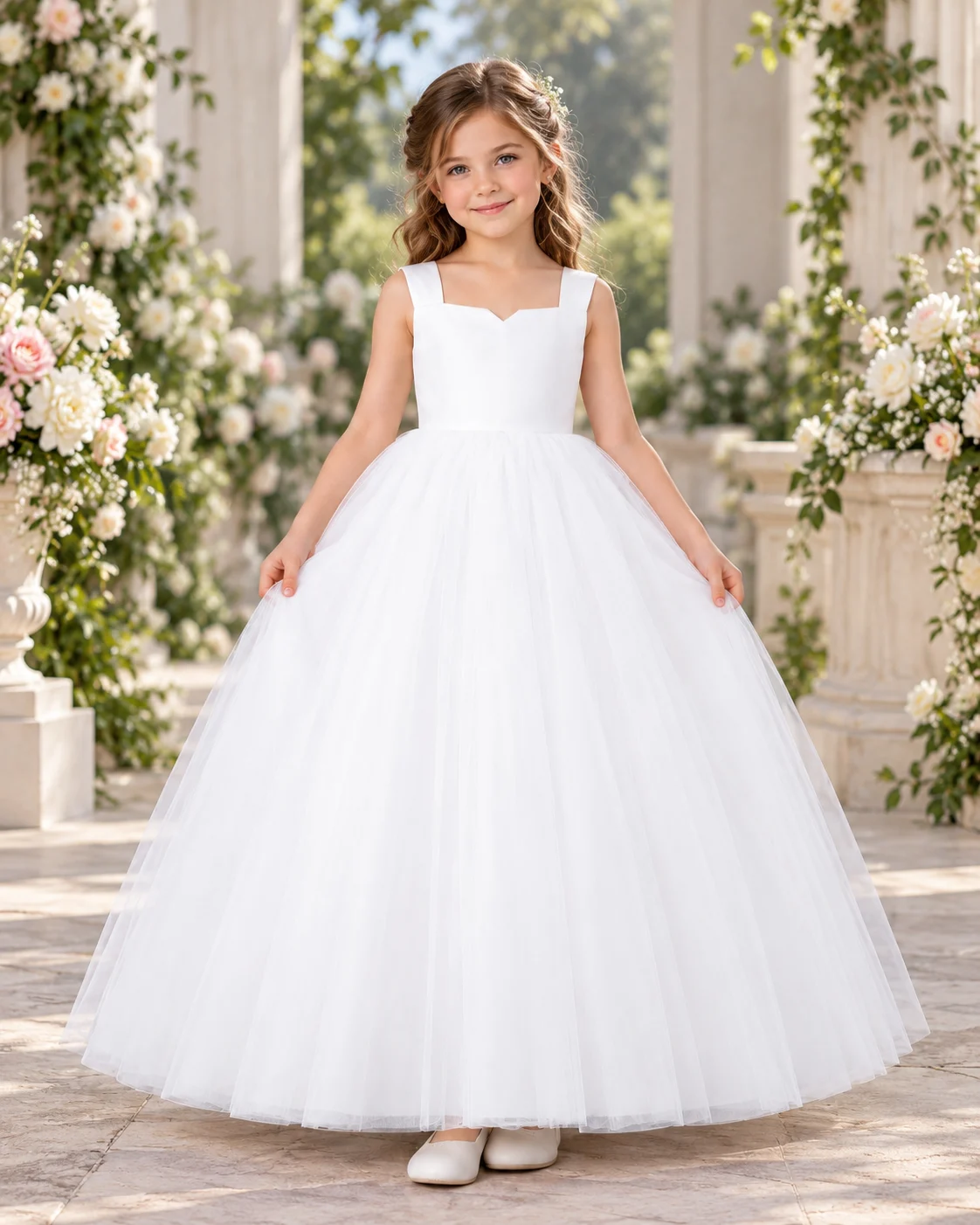 Bambina in abito bianco tra i fiori (1) Abito da cerimonia bambina bianco lungo con corpetto elegante e gonna ampia in tulle stile principessa