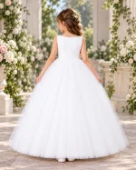 Retro abito cerimonia bambina bianco con chiusura a zip e voluminosa gonna lunga in tulle multistrato