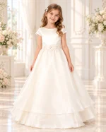Abito da cerimonia bambina avorio lungo con maniche in pizzo, applicazioni floreali in vita e gonna ampia a strati, vista frontale.