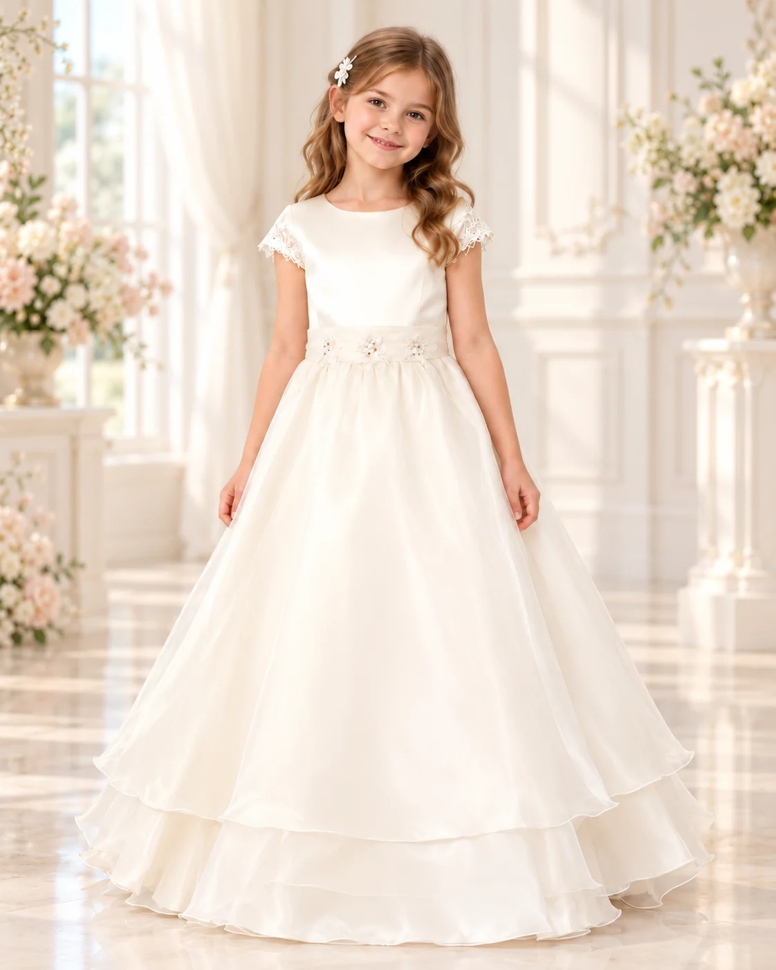 Abito Cerimonia Bambina Avorio – Vista Frontale Abito da cerimonia bambina avorio lungo con maniche in pizzo, applicazioni floreali in vita e gonna ampia a strati, vista frontale.