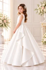 Vista laterale vestito Prima Comunione bambina bianco con gonna ampia e originale drappeggio a cascata, modello elegante da cerimonia.