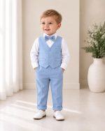 Completo paggetto bambino azzurro con gilet camicia bianca e papillon