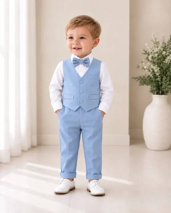 Completo paggetto bambino azzurro con gilet camicia bianca e papillon