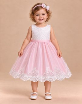 Abito battesimo bambina rosa e bianco con gonna ampia e bordo ricamato