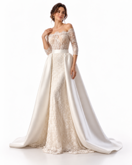 Abito da sposa a sirena in pizzo con maniche tre quarti e sopragonna ampia removibile, vista frontale