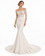 Abito da sposa a sirena in pizzo floreale senza sopragonna, con spalle scoperte e maniche tre quarti