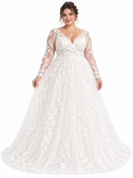 Abito da sposa curvy con scollatura a V, corpetto incrociato, maniche lunghe trasparenti in pizzo floreale e ampia gonna principessa in tulle avorio ricamato.