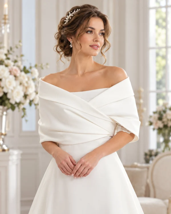 Stola coprispalle da sposa bianca incrociata sul davanti con scollo Bardot e spalle scoperte