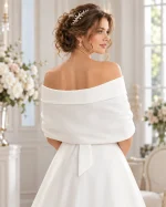 Vista posteriore della stola coprispalle sposa bianca con fascia ampia che avvolge la schiena