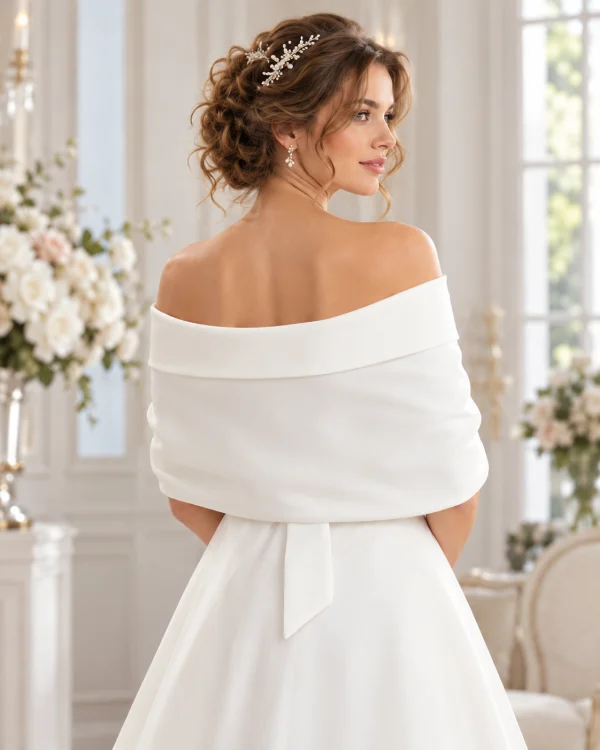 Vista posteriore della stola coprispalle sposa bianca con fascia ampia che avvolge la schiena