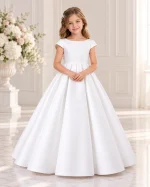 Abito Prima Comunione bambina bianco Sposatelier con maniche corte, corpetto liscio e gonna lunga a pieghe strutturate.