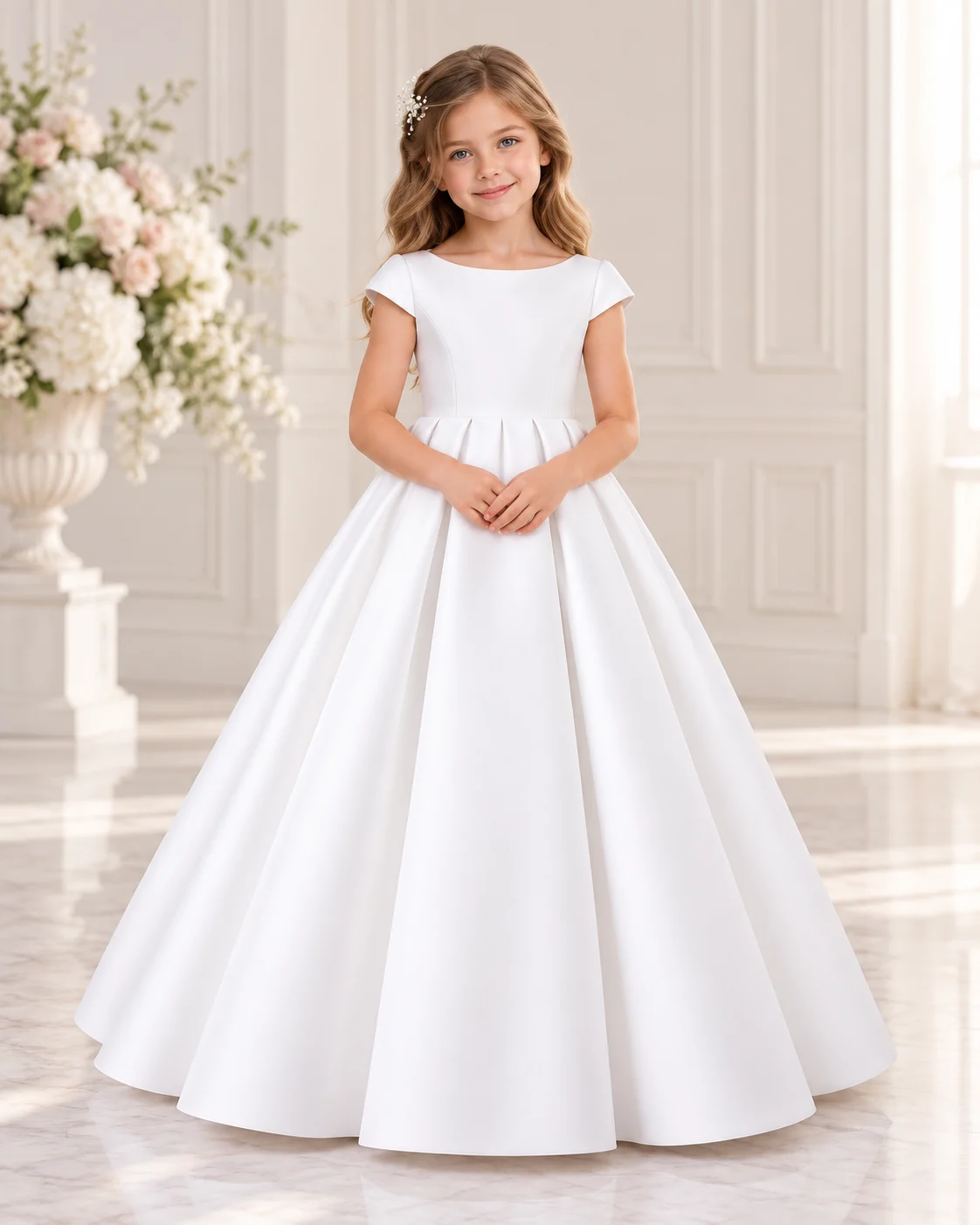 Abito Prima Comunione Bambina con Gonna a Pieghe – Fronte Abito Prima Comunione bambina bianco Sposatelier con maniche corte, corpetto liscio e gonna lunga a pieghe strutturate.