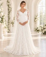 Abito da sposa premaman in pizzo floreale bianco con maniche lunghe, scollo a V, taglio impero e gonna ampia.