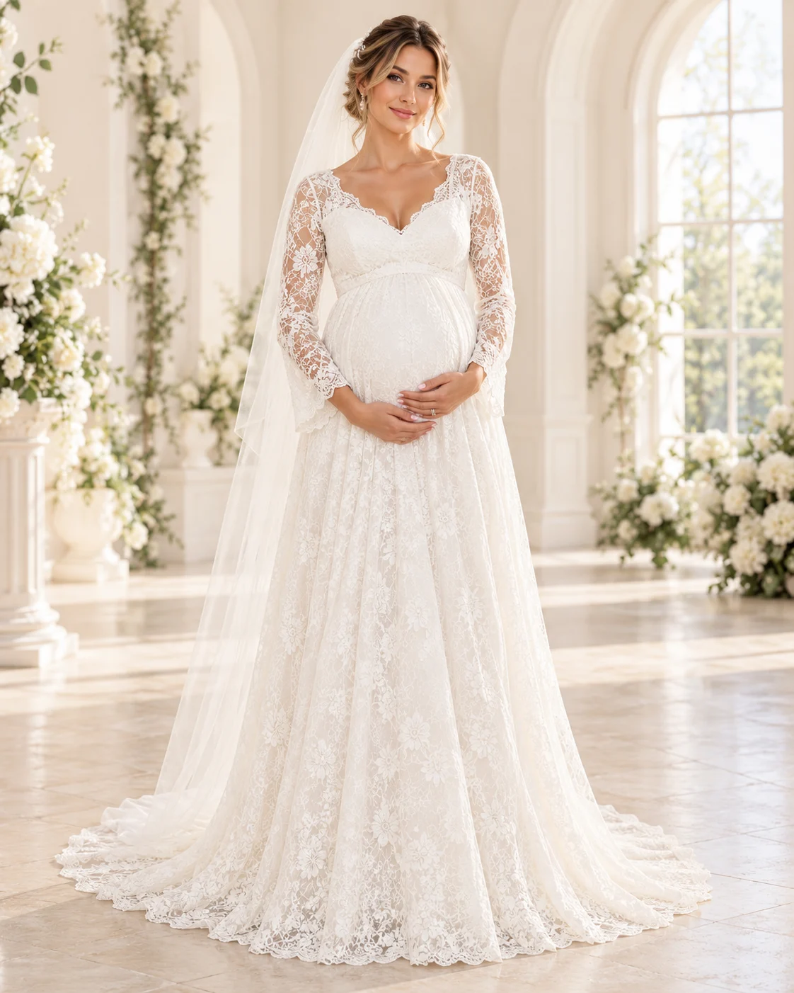 Abito da Sposa Premaman in Pizzo con Maniche Lunghe – Fronte Abito da sposa premaman in pizzo floreale bianco con maniche lunghe, scollo a V, taglio impero e gonna ampia.