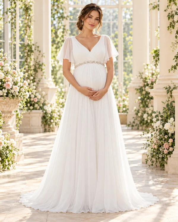 Abito da sposa premaman bianco con scollo a V, maniche a farfalla, cintura gioiello e gonna lunga fluida.