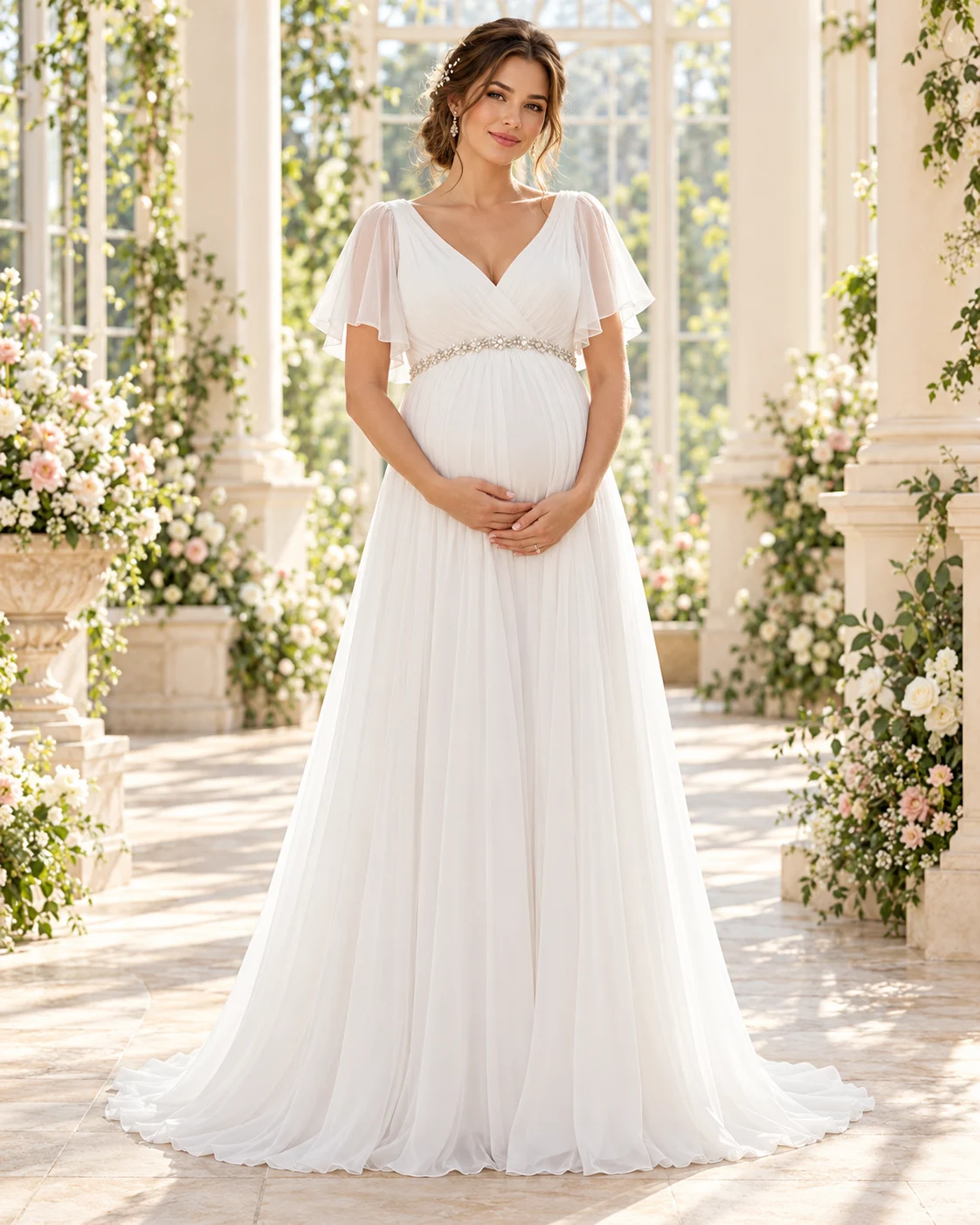 Abito da Sposa Premaman Bianco โ Vista Frontale Abito da sposa premaman bianco con scollo a V, maniche a farfalla, cintura gioiello e gonna lunga fluida.
