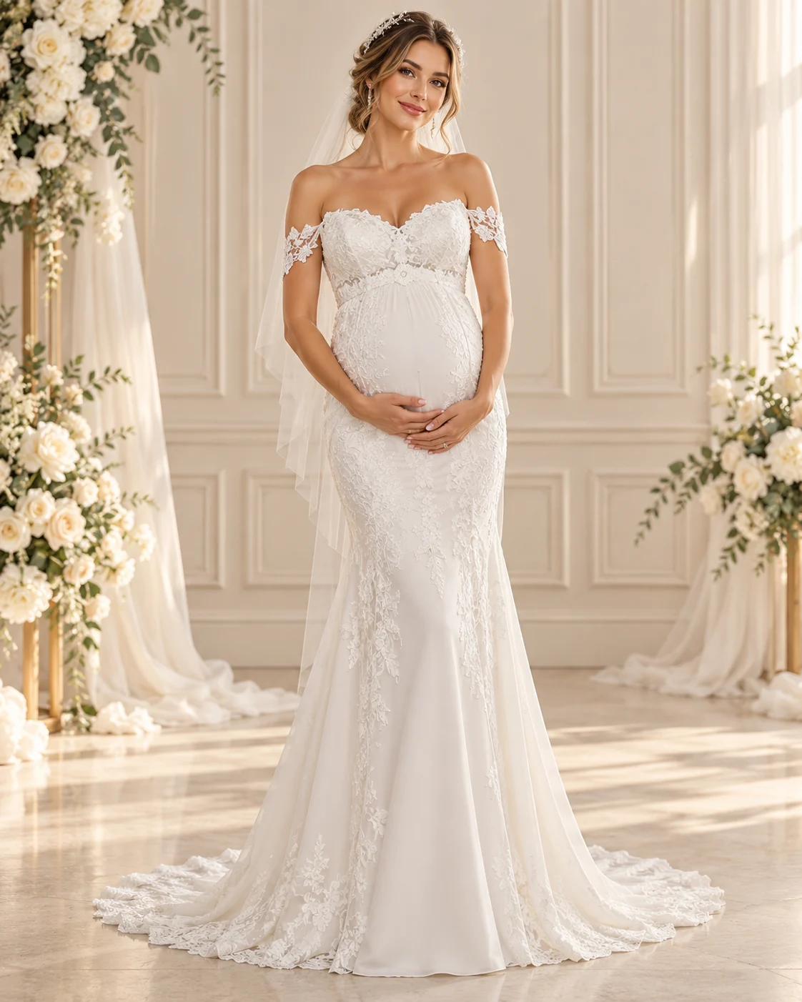 Abito da Sposa Premaman a Sirena in Pizzo – Fronte Abito da sposa premaman a sirena in pizzo floreale bianco con spalle scoperte, scollo a cuore e gonna lunga con strascico.