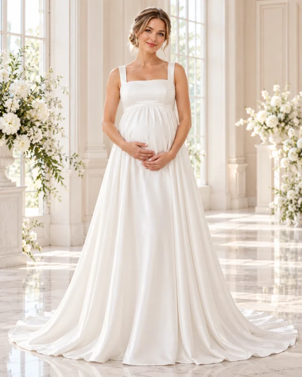 Abito da sposa premaman semplice bianco con scollo quadrato, spalline larghe, taglio impero e gonna lunga fluida.