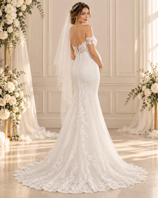 Vista posteriore dell'abito da sposa premaman a sirena in pizzo, con schiena scoperta, bottoncini decorativi e lungo strascico floreale.