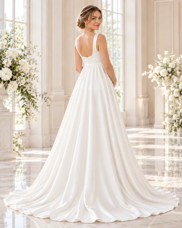 Vista posteriore dell'abito da sposa premaman minimal bianco con schiena arrotondata, spalline larghe e gonna ampia con strascico.