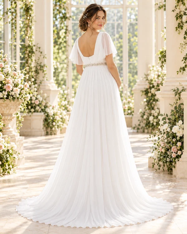 Vista posteriore di abito da sposa premaman bianco con scollo a V sulla schiena, maniche a farfalla e cintura gioiello.