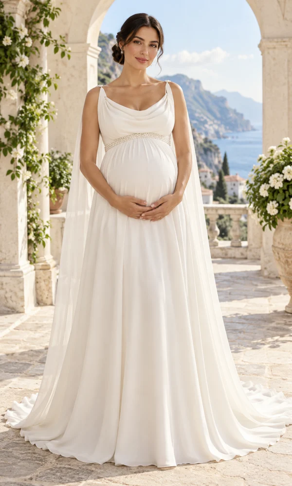 abito da sposa premaman, vestito da sposa premaman, abito sposa scollo drappeggiato, abito premaman chiffon, abito sposa cintura gioiello, abito sposa stile impero, abito da sposa gravidanza, abito sposa schiena a V, abito sposa elegante, abito premaman romantico, abito sposa con strascico, abito sposa fluido, abito premaman matrimonio civile, abito sposa con spalline