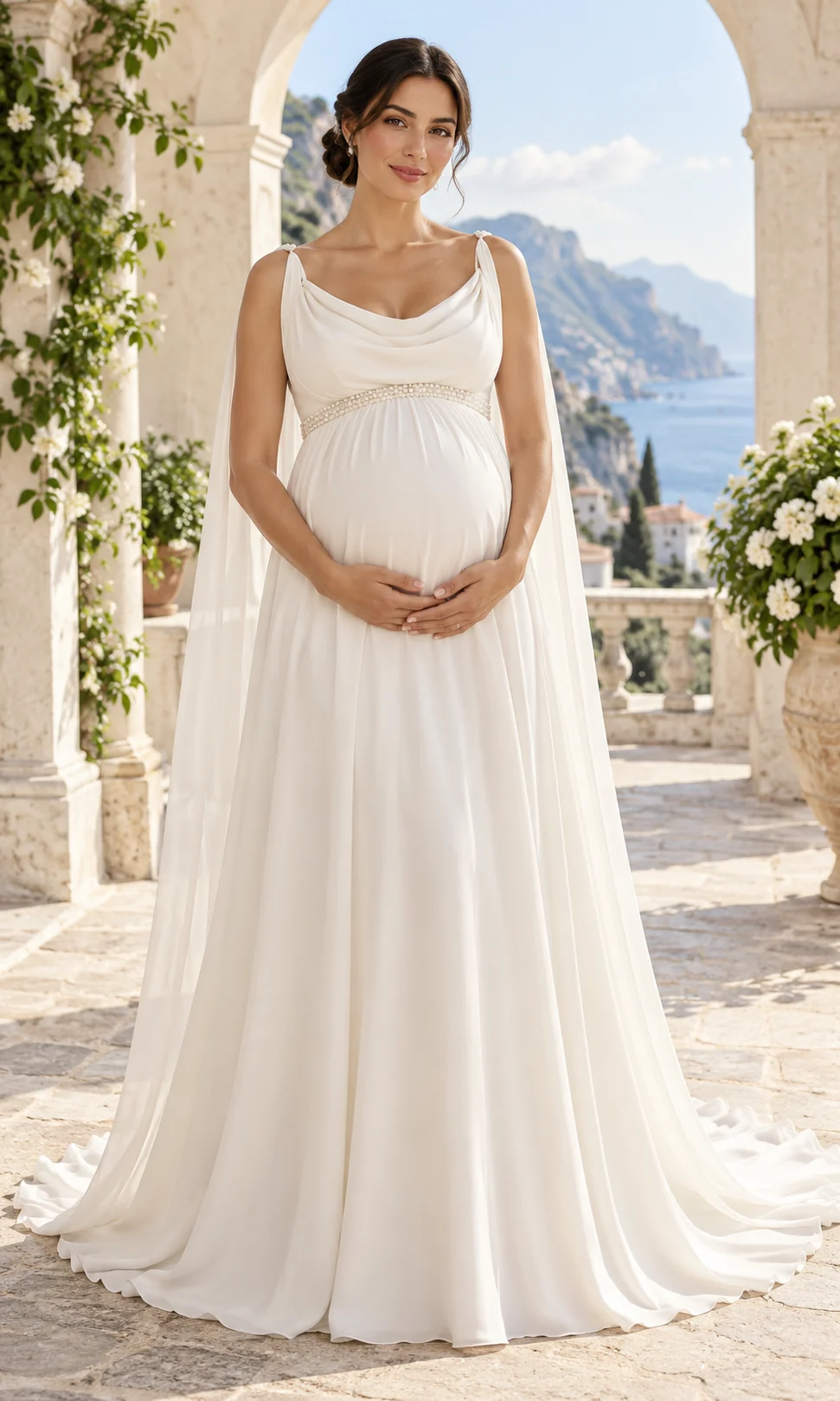 Abito da Sposa Premaman con Scollo Drappeggiato โ Fronte abito da sposa premaman, vestito da sposa premaman, abito sposa scollo drappeggiato, abito premaman chiffon, abito sposa cintura gioiello, abito sposa stile impero, abito da sposa gravidanza, abito sposa schiena a V, abito sposa elegante, abito premaman romantico, abito sposa con strascico, abito sposa fluido, abito premaman matrimonio civile, abito sposa con spalline