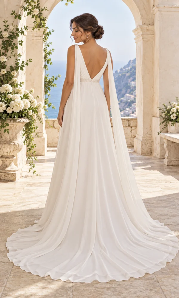Vista posteriore dell'abito da sposa premaman con schiena a V, cintura gioiello, lunghi veli sulle spalline e strascico.