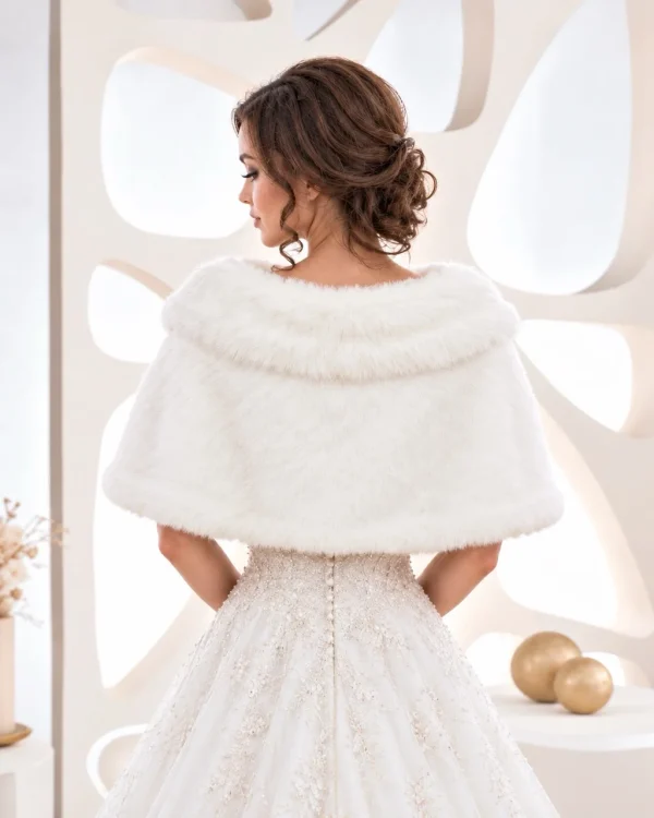 Vista posteriore del coprispalle da sposa bianco con bordo risvoltato