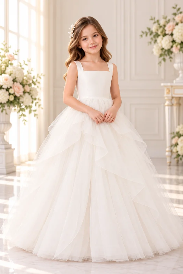Abito Prima Comunione bambina avorio con scollo quadrato, corpetto liscio e gonna lunga in tulle con volant a cascata.