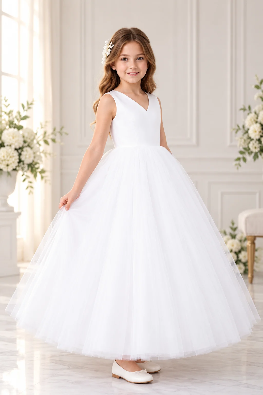 Abito Prima Comunione Bambina Bianco con Scollo a V – Fronte Abito Prima Comunione bambina bianco con scollo a V, corpetto liscio e gonna lunga ampia in tulle, vista frontale.
