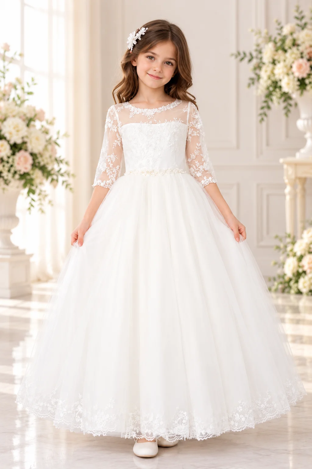 Abito Prima Comunione Bambina Bianco con Pizzo – Fronte Abito Prima Comunione bambina bianco con maniche a tre quarti in pizzo floreale, corpetto ricamato e gonna lunga in tulle.