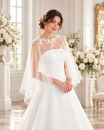 ## Mantellina coprispalle sposa in tulle e pizzo floreale Elegante, romantica e leggera, questa **mantellina sposa in tulle e pizzo floreale** è pensata per completare l'abito nuziale con un accessorio raffinato e femminile. Il modello si distingue per il tulle trasparente che avvolge delicatamente le spalle e scende lungo le braccia, creando un effetto morbido e fluido. Le applicazioni floreali in pizzo impreziosiscono lo scollo e la parte superiore della mantellina, valorizzando il décolleté e aggiungendo un dettaglio ricercato al look della sposa. ### Caratteristiche della mantellina da sposa - **Modello:** mantellina coprispalle da sposa - **Tessuto:** tulle leggero e trasparente - **Decorazione:** applicazioni floreali in pizzo - **Linea:** morbida e fluida - **Copertura:** spalle e braccia - **Stile:** romantico, raffinato ed elegante ### Coprispalle sposa trasparente per abiti senza spalline Questa mantellina in tulle è particolarmente indicata per completare abiti da sposa senza spalline, con corpetto a bustier o dalle linee minimal. La trasparenza del tessuto permette di lasciare visibili i dettagli dell'abito, mentre il pizzo floreale valorizza delicatamente le spalle. ### Mantellina da sposa in pizzo per la cerimonia Il coprispalle in tulle trasparente è una soluzione raffinata per le spose che desiderano coprire leggermente le spalle durante la cerimonia. Il suo design dona movimento ed eleganza alla silhouette senza appesantire il look nuziale. ### Acquista la mantellina coprispalle sposa su Sposatelier Completa il tuo abito da sposa con una mantellina in tulle e pizzo floreale, un accessorio romantico che unisce leggerezza ed eleganza. Scopri il modello su Sposatelier e verifica colori, misure e disponibilità prima dell'acquisto.
