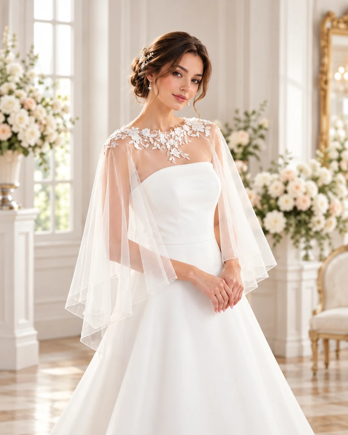 Ritratto sposa in sala elegante ## Mantellina coprispalle sposa in tulle e pizzo floreale Elegante, romantica e leggera, questa **mantellina sposa in tulle e pizzo floreale** è pensata per completare l'abito nuziale con un accessorio raffinato e femminile. Il modello si distingue per il tulle trasparente che avvolge delicatamente le spalle e scende lungo le braccia, creando un effetto morbido e fluido. Le applicazioni floreali in pizzo impreziosiscono lo scollo e la parte superiore della mantellina, valorizzando il décolleté e aggiungendo un dettaglio ricercato al look della sposa. ### Caratteristiche della mantellina da sposa - **Modello:** mantellina coprispalle da sposa - **Tessuto:** tulle leggero e trasparente - **Decorazione:** applicazioni floreali in pizzo - **Linea:** morbida e fluida - **Copertura:** spalle e braccia - **Stile:** romantico, raffinato ed elegante ### Coprispalle sposa trasparente per abiti senza spalline Questa mantellina in tulle è particolarmente indicata per completare abiti da sposa senza spalline, con corpetto a bustier o dalle linee minimal. La trasparenza del tessuto permette di lasciare visibili i dettagli dell'abito, mentre il pizzo floreale valorizza delicatamente le spalle. ### Mantellina da sposa in pizzo per la cerimonia Il coprispalle in tulle trasparente è una soluzione raffinata per le spose che desiderano coprire leggermente le spalle durante la cerimonia. Il suo design dona movimento ed eleganza alla silhouette senza appesantire il look nuziale. ### Acquista la mantellina coprispalle sposa su Sposatelier Completa il tuo abito da sposa con una mantellina in tulle e pizzo floreale, un accessorio romantico che unisce leggerezza ed eleganza. Scopri il modello su Sposatelier e verifica colori, misure e disponibilità prima dell'acquisto.