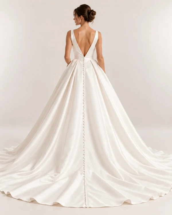 Vista posteriore abito da sposa principesco avorio con schiena scoperta a V, gonna ampia con pieghe e lunga fila di bottoncini fino allo strascico.