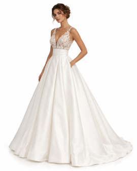 Abito da sposa principesco in mikado con corpino in pizzo ricamato, scollatura a V, fascia alta in vita e gonna ampia a ruota