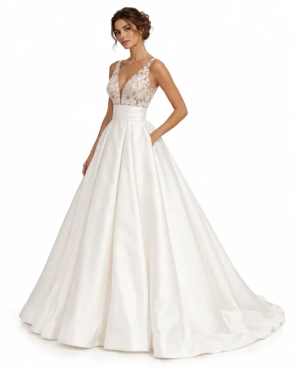 Abito da sposa principesco in mikado con corpino in pizzo ricamato, scollatura a V, fascia alta in vita e gonna ampia a ruota