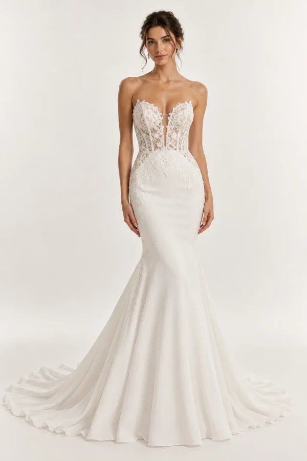 Abito da sposa a sirena avorio con corsetto trasparente in pizzo floreale, profondo scollo a cuore e gonna svasata con strascico.